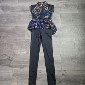 Weissman 13578 Sequin Peplum Dance Unitard Black Mock Neck Mesh Cap Sleeves